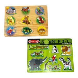 Melissa & Doug Toy Wooden Sounds Peg Puzzles 2 Pack Pets Zoo Animals